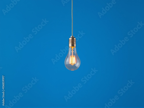 A vintage-style light bulb suspends from a colorful cord against a solid blue background, creating a bright and inviting atmosphere
