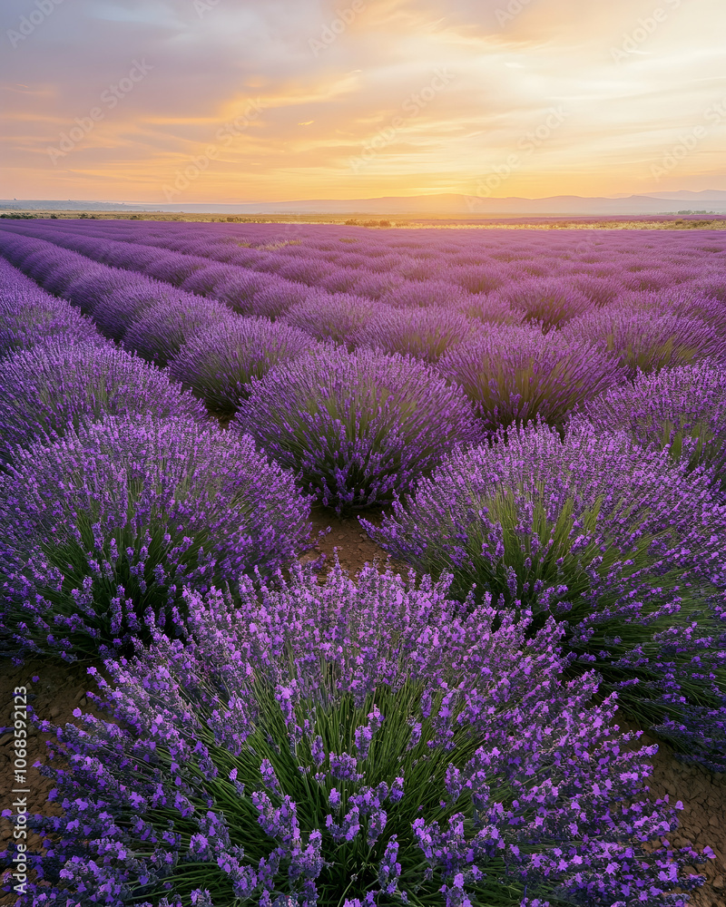 Rows of lavender flowers in bloom at sunset. Rows of lavender flowers in bloom at sunset.