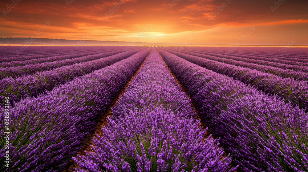 Obraz premium Rows of lavender plants in a field at sunrise.