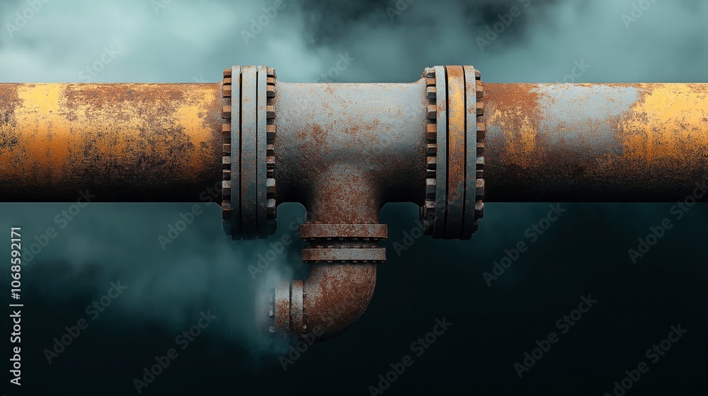 Rusty industrial metal pipeline with a T-junction against a smoky background, highlighting wear and corrosion on the surface. Rusty industrial metal pipeline with a T-junction against a smoky background, highlighting wear and corrosion on the surface.