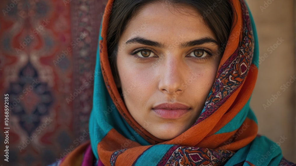 A young woman wearing a colorful Middle Eastern scarf, exuding warmth and style amidst a winter atmosphere A young woman wearing a colorful Middle Eastern scarf, exuding warmth and style amidst a winter atmosphere
