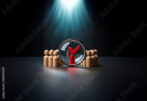 A magnifying glass focuses on a single red figure, signifying selection, among a group of wooden figures. photo