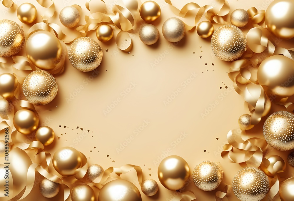 Elegant Christmas baubles and ribbons in gold and silver forming festive frame with copy space Elegant Christmas baubles and ribbons in gold and silver forming festive frame with copy space