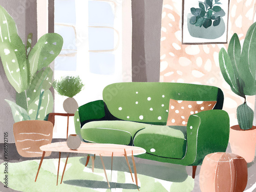 Scandinavian design style living room with green sofa.