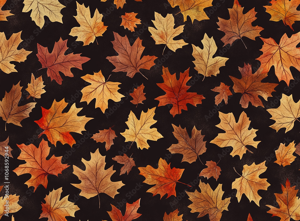 A pattern of brown, orange, and red maple leaves on a dark background A pattern of brown, orange, and red maple leaves on a dark background