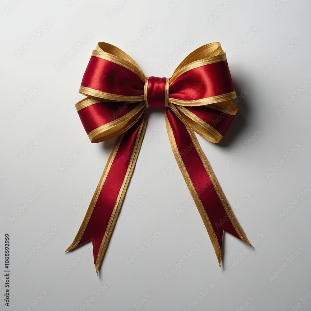 Red ribbon with gold trim, tied into an elegant bow, isolated on white solid background