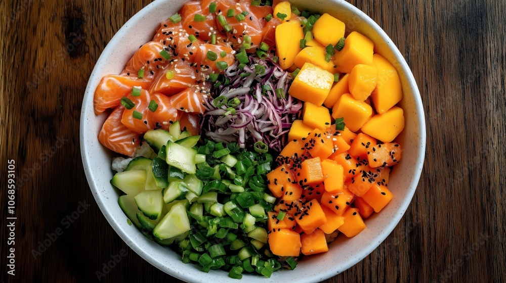 Colorful poke bowl with raw salmon, diced mango, sliced cucumber, chopped green onions, shredded red onion, and sesame seeds served in a white bowl on a wooden table.