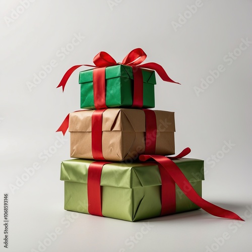 Stack of Christmas presents wrapped with red and green ribbons, isolated on white solid background