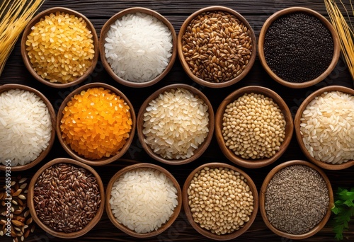 close display diverse grain textures ideal culinary applications featuring varieties grain such others ideal cooking, rice, quinoa, barley, oats, flour