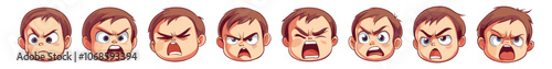Vector children set angry child. The boy is expressing anger. Excitement and frown. Cartoon characters, vector illustrations, isolated on white background
