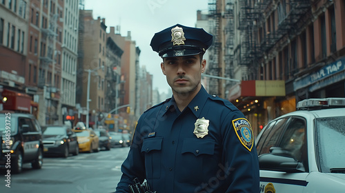 Police: A police officer in a crisp blue uniform standing on a bustling New York City street, with buildings and traffic in the background. The officer's expression is serious and focused, with a hand