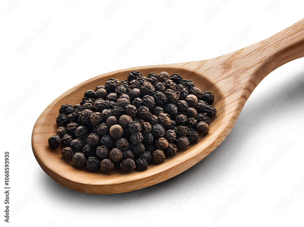 close-up black pepper on a wood spoon isolated close-up black pepper on a wood spoon isolated