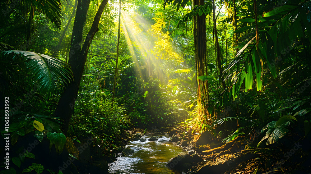 Obraz premium Sunlight streams through the canopy of a lush rainforest, illuminating a small river flowing through the dense foliage.