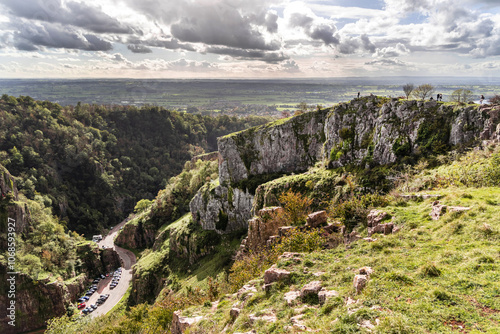 View from cliffs edge of winding road Cheddar Gorge in Somerset