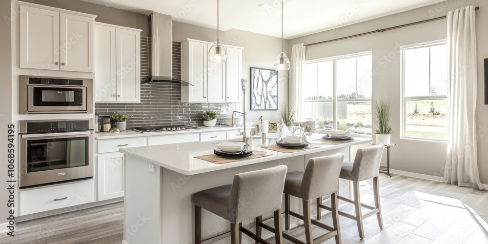 Fototapeta premium Modern Kitchen with White Cabinets and Breakfast Bar