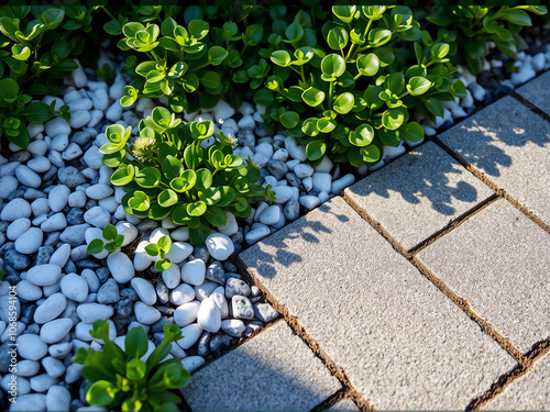 Lush green plants growing alongside a neatly paved pathway with decorative stones in a serene outdoor garden setting during daylight