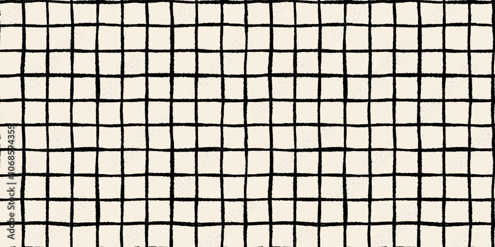 Vintage hand drawn rough grid seamless vector pattern with organic checkered squares, rustic off-white background with irregular distressed lines