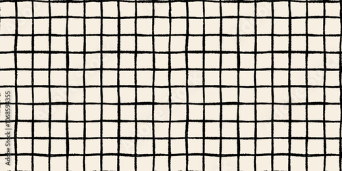 Vintage hand drawn rough grid seamless vector pattern with organic checkered squares, rustic off-white background with irregular distressed lines