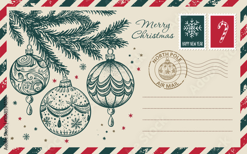 Christmas mail, postcard, hand drawn illustration.	
