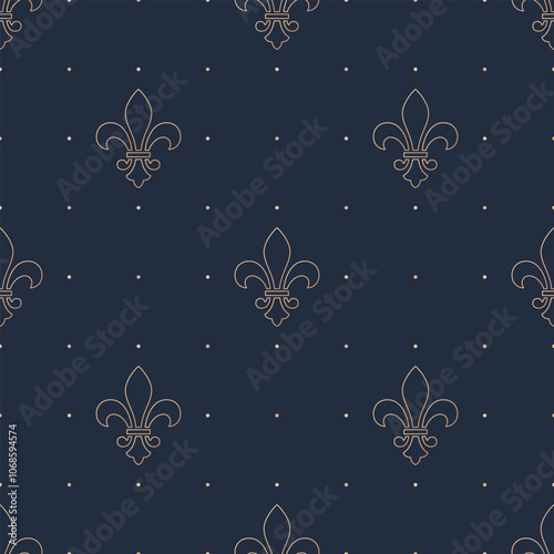 Bronze outline  fleur de lys on indigo blue dotted background. Vector seamless pattern. Best for textile, wallpapers, wrapping paper, package and web design.