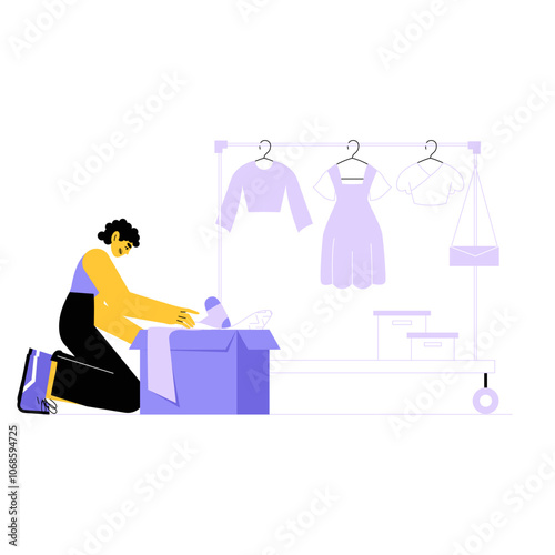Female Unpacking Clothing Items In Flat Vector Illustration Symbolizing Fashion, Shopping, And Organization, Isolated On White Background.