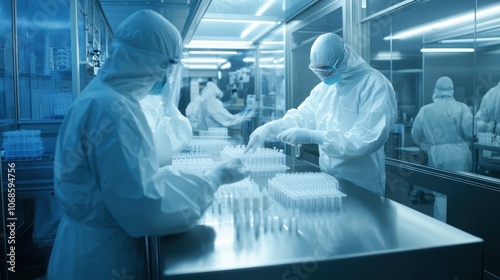 Pharmaceutical Production: Workers in Protective Suits Fill Vials