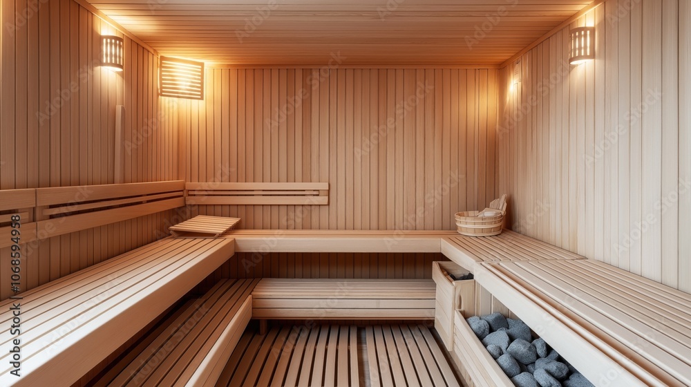 Empty wooden sauna interior with modern lighting, benches, and a bucket filled with towels. Heated stones are visible on the lower rack, creating a relaxing spa environment. Empty wooden sauna interior with modern lighting, benches, and a bucket filled with towels. Heated stones are visible on the lower rack, creating a relaxing spa environment.