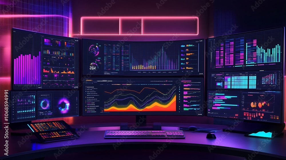 A Computer Workstation with Multiple Monitors Displaying Graphs and Charts A Computer Workstation with Multiple Monitors Displaying Graphs and Charts