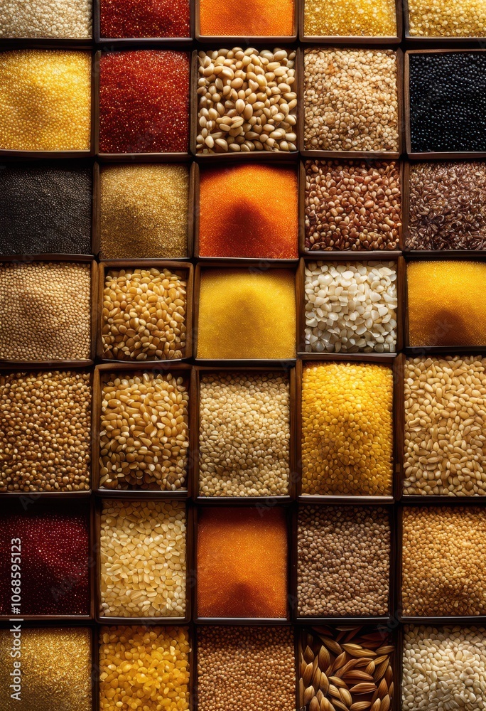 Fototapeta premium detailed close various raw grain types highlighting texture color neutral backdrop, barley, wheat, rice, oats, quinoa, millet, seeds, variety, natural