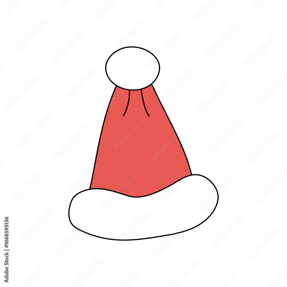 Funny red Santa hat with white pom-pom and fur. Traditional Christmas decoration Funny red Santa hat with white pom-pom and fur. Traditional Christmas decoration