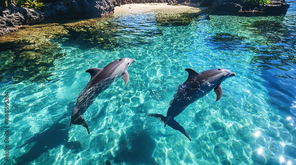 Obraz premium Two dolphins swimming near coral reef in clear blue water.