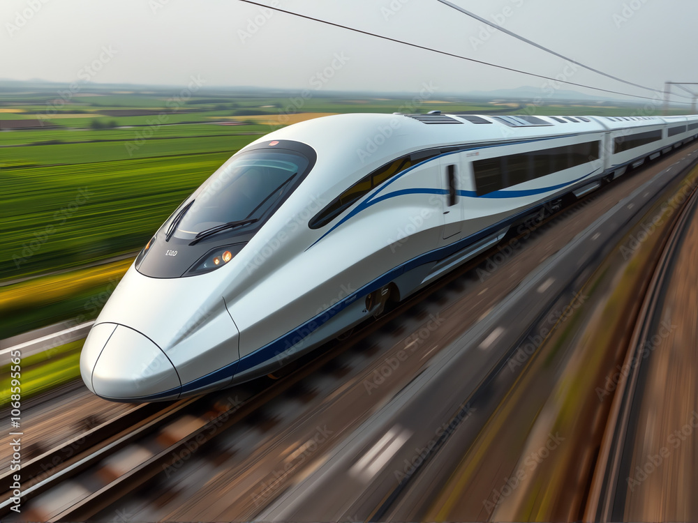 A sleek high-speed train gliding through lush green fields in the countryside during a bright, sunny day