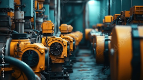 Industrial machinery with rows of yellow pump motors in a factory setting, conveying a sense of precision engineering in a controlled environment.