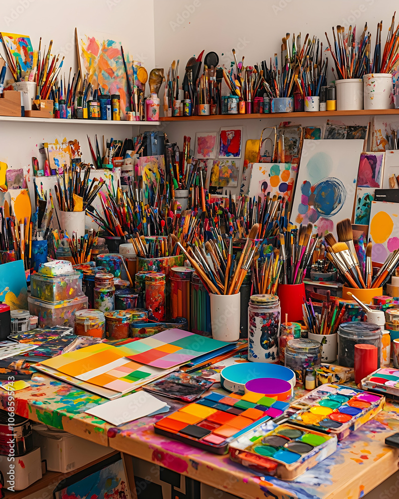 Naklejka premium A colorful and messy artist's studio with paint brushes, paint tubes, and canvases.