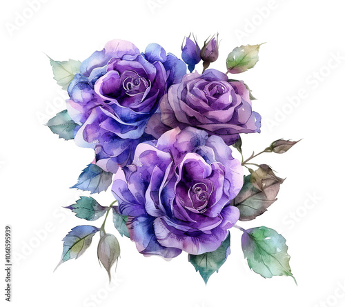 Watercolor bouquet with purple flowers, peony with leaves isolated on white background.