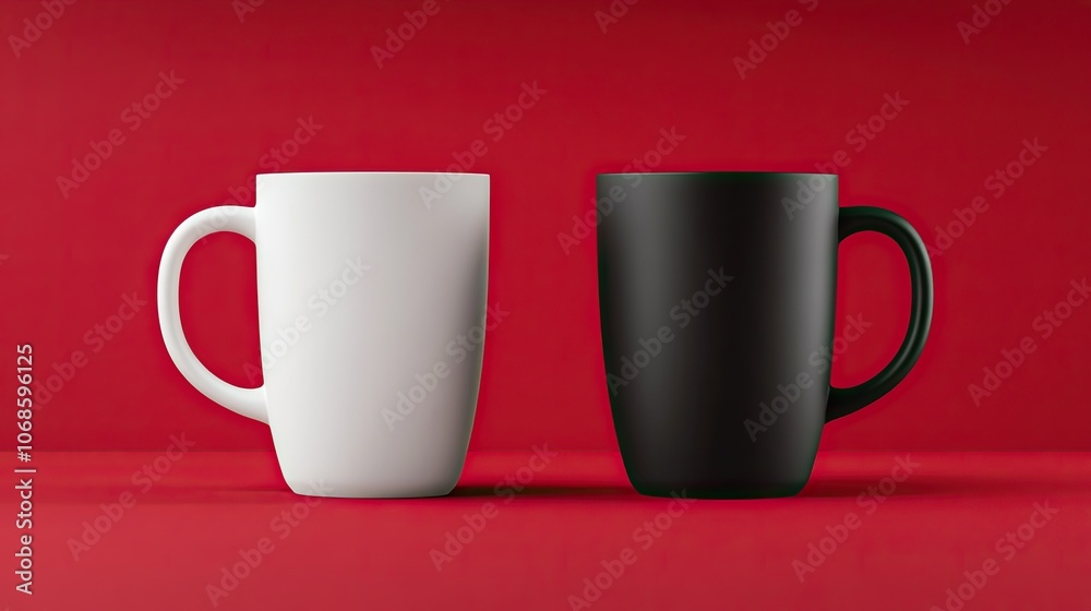 This image features a minimalist design with a white mug and a black mug placed on a striking red background, showcasing contrast and modern simplicity. This image features a minimalist design with a white mug and a black mug placed on a striking red background, showcasing contrast and modern simplicity.