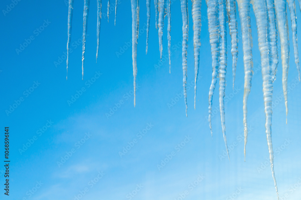 Obraz premium Frozen icicles on the roof on the background of the blue sky, natural long icicles, winter background