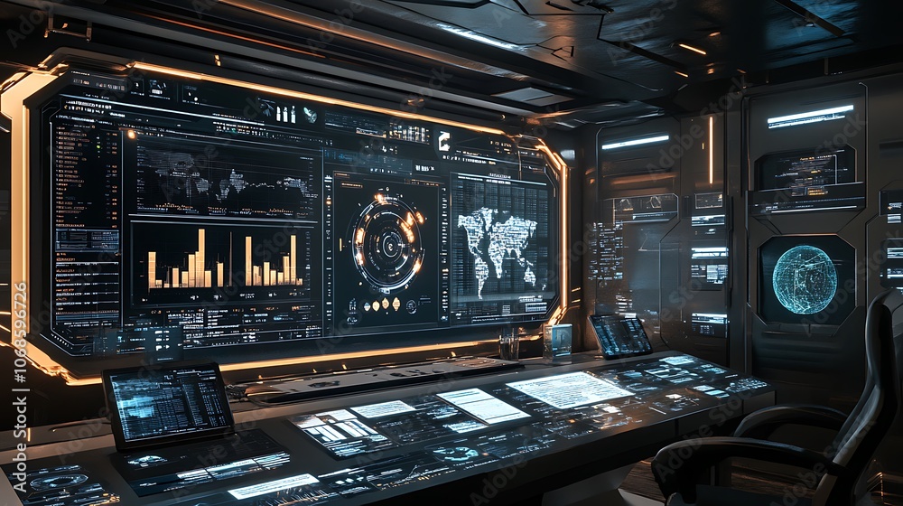 Futuristic Control Room with Multiple Monitors Displaying Data and Maps Futuristic Control Room with Multiple Monitors Displaying Data and Maps