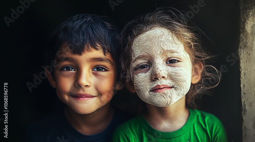 ortrait of kids wearing white mud face paint in a striking tribal style, symbolizing cultural tradition, youthful creativity, and identity, illuminated against a dramatic dark backdrop photo