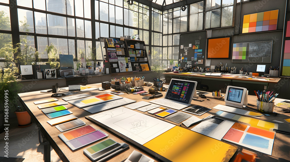 A modern, well-lit design studio with a large window, multiple workspaces, and various design tools and materials. A modern, well-lit design studio with a large window, multiple workspaces, and various design tools and materials.