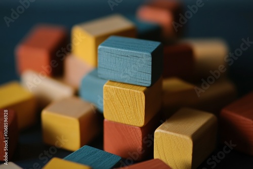 Wood toy bricks stacked in various playful arrangements