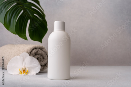 White bottle with orchid flower and rolled towel, symbolizing spa and skincare