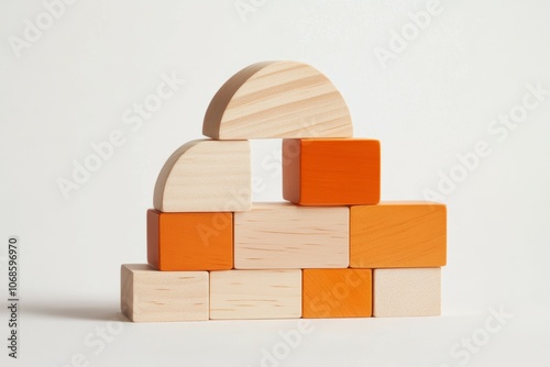 Wood toy bricks stacked in various playful arrangements photo