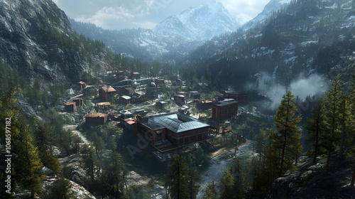 A picturesque mountain village nestled in a valley, surrounded by towering peaks and dense forests.