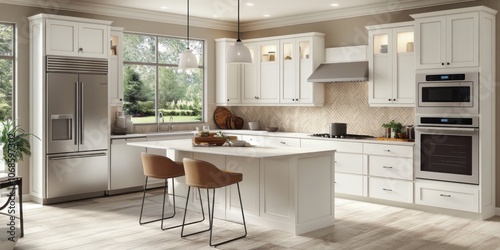 Modern Kitchen Interior with White Cabinets and Stainless Steel Appliances