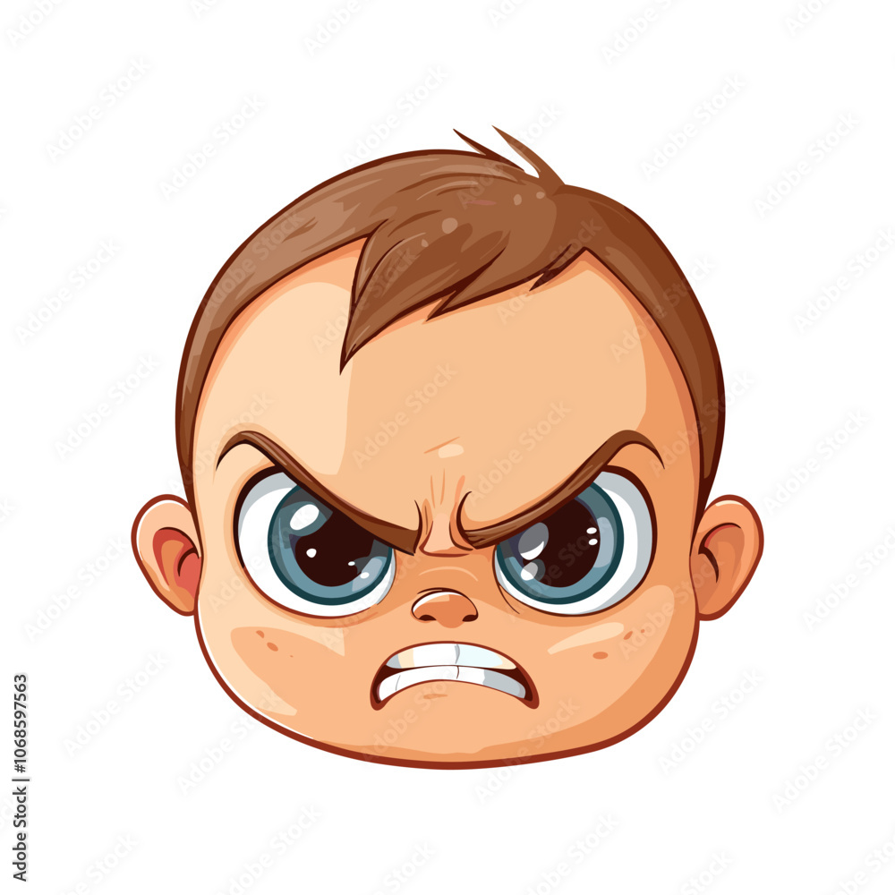 Vector children face angry child. The boy is expressing anger. Excitement and frown. Cartoon character, vector illustrations, isolated on white background. Sad baby. Vector children face angry child. The boy is expressing anger. Excitement and frown. Cartoon character, vector illustrations, isolated on white background. Sad baby.