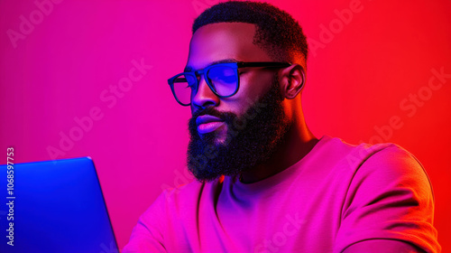 A man with a beard and glasses is sitting in front of a laptop
