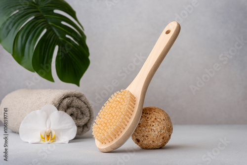 Spa composition with a natural wooden back brush, orchid flower, rolled towel, and pumice stone