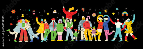 Big family and best friends and concept illustration. Vector illustration of multicultural people and multicultural friendship. Parents, grandparents and kids embrace with love, support.
