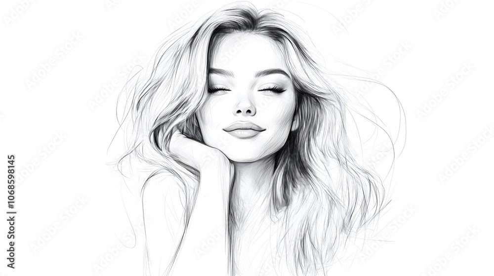 Elegant Pencil Sketch of Serene Woman with Closed Eyes and Flowing Hair, Vintage Style_2 Elegant Pencil Sketch of Serene Woman with Closed Eyes and Flowing Hair, Vintage Style_2
